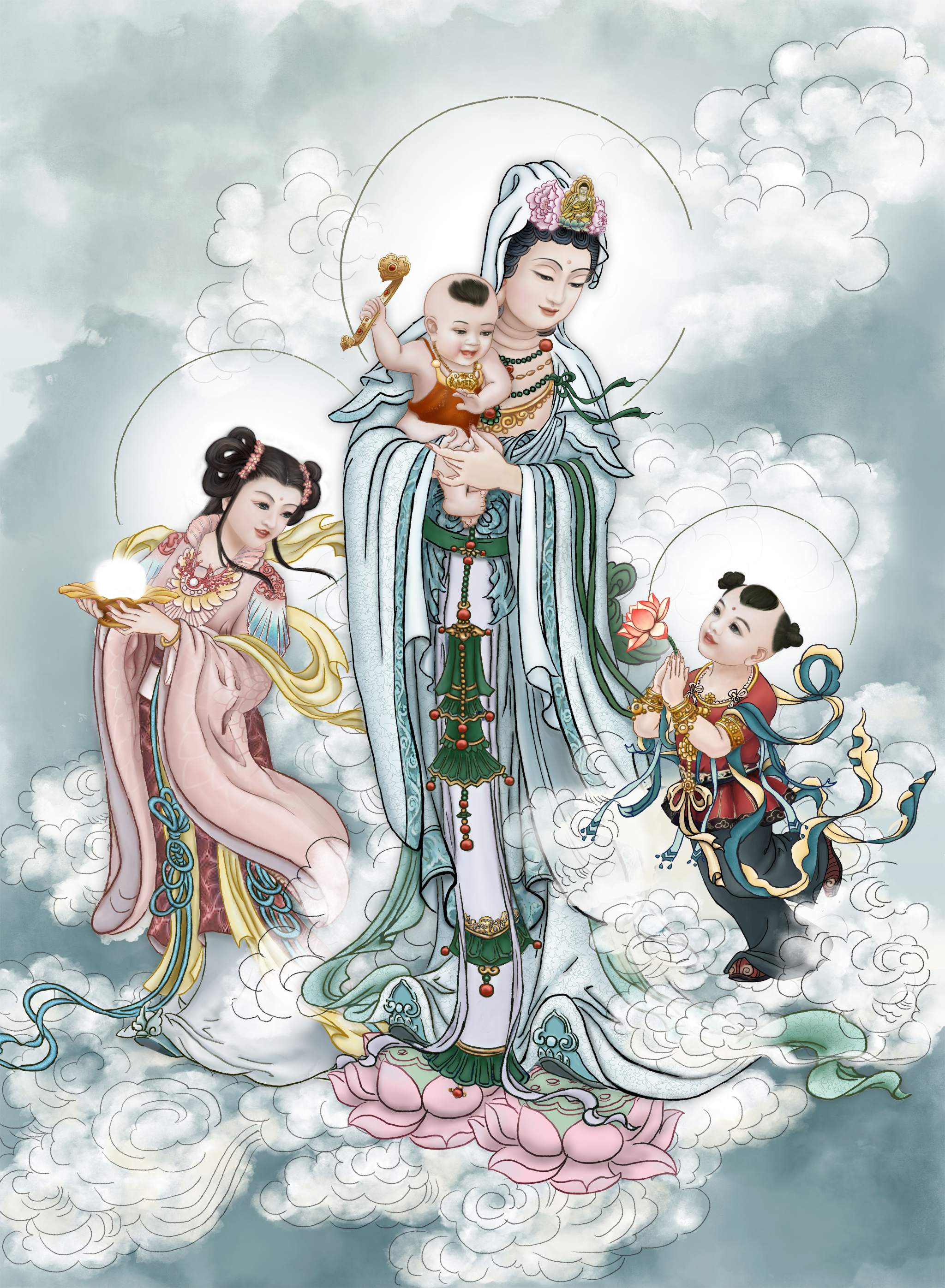 中国古美術・純手描き・画芯・送子觀音画像167x86cm・書画・絹本・仏像 